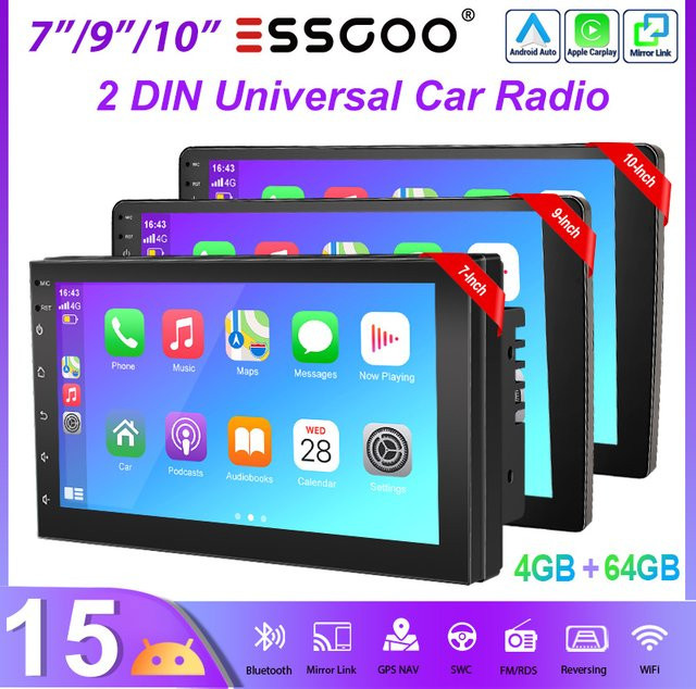 ESSGOO Universelles 2-DIN-Autoradio mit Android 15, 4+64G Speicher, kabellosem CarPlay und Android Auto, GPS Navigation, Bluetooth, WLAN und Touchscreen in Schwarz - Bild 1