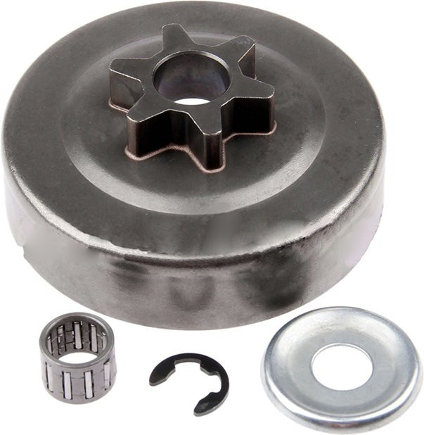 DAZZLEEX Kupplungstrommel-Kettenrad-Kit aus gehärtetem Stahl in Silber für Kettensägen MS170 MS180 017 018 mit 3/8 6T und Unterlegscheiben-E-Clip-Set - Bild 1