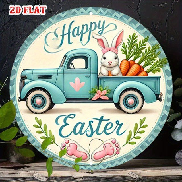 CIFBUY Vintage Ostern Wandschild aus Aluminium in Türkis mit Kaninchen und Blumenmuster, rundes Metall Poster zur Wandmontage - Bild 1