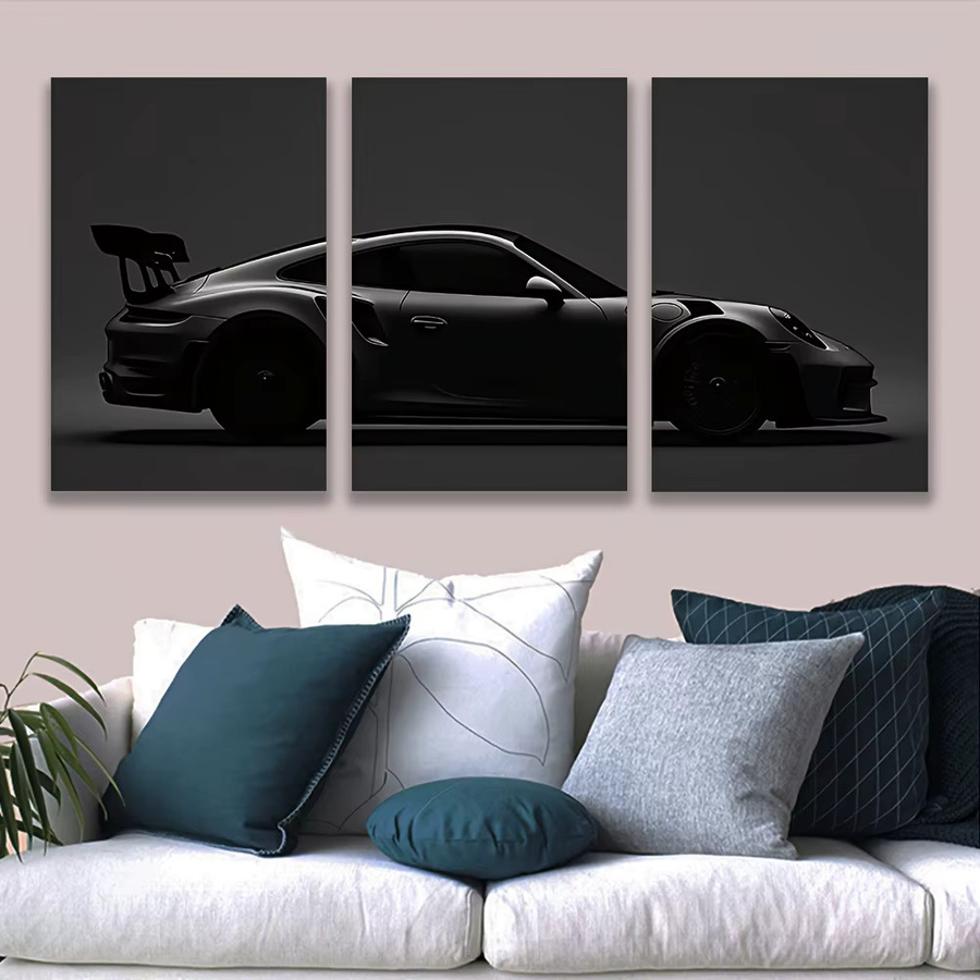 Potdemiel 3er Set Leinwand-Wandkunst Rahmenlose Sportwagen-Motiv Wandbilder in Schwarz - Bild 3
