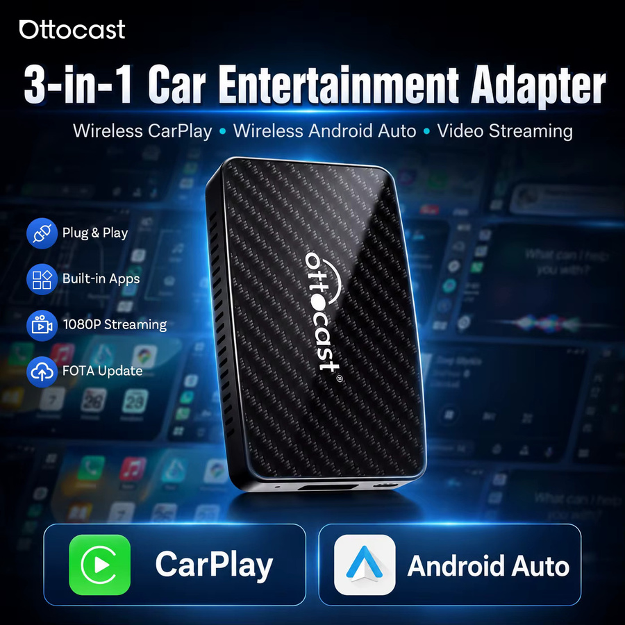 Ottocast Play2Video PRO AI Box Wireless CarPlay und Android Auto Adapter mit YouTube Netflix Spotify Prime Video und 1080P Streaming in Schwarz - Bild 2
