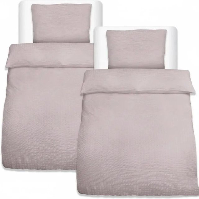 Beautissu 4-teiliges Seersucker Bettwäsche-Set aus Microfaser in Taupe, Bettbezug B: 155 cm, H: 220 cm und 2 Kissenbezüge B: 80 cm, H: 80 cm - Bild 1
