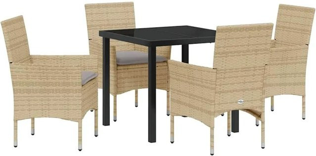 vidaXL Garten Essgruppe aus Poly Rattan und Glas in Beige, 5-teilig mit Kissen - Bild 1