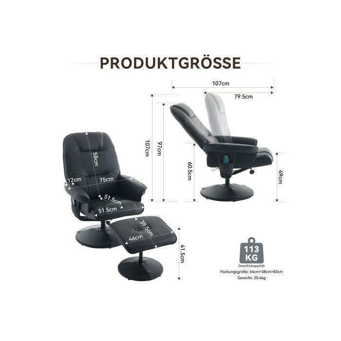 MUVOE Massagesessel mit Liegefunktion, Heizung und Fußstütze, 360 Grad drehbarer Relax-Fernsehsessel aus schwarzem PU-Gewebe - Bild 2