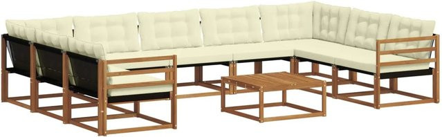 vidaXL Outdoor-Sofagarnitur aus massivem Akazienholz in L-Form mit Textilene und Kissen, 10-teilig, Natur und Creme - Bild 1