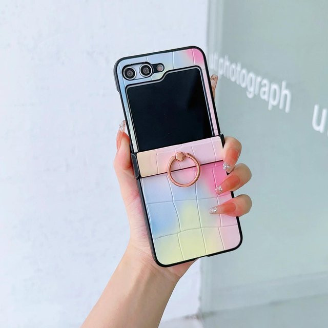 Stoßfeste Lederring Handyhülle mit Farbverlauf für Samsung Galaxy Z Flip 6 5 4 3 5G in Black und Multicolour - Bild 1