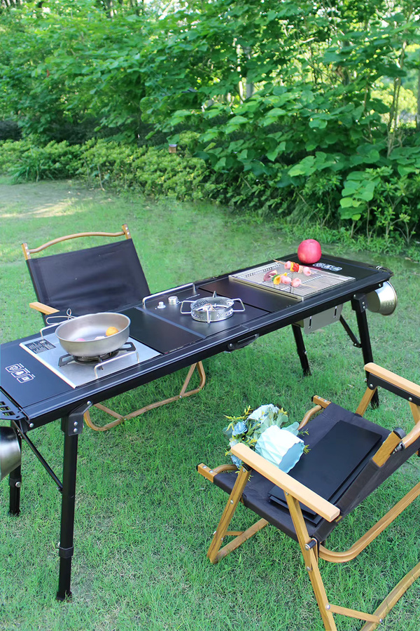 Lohas Camping Klappbarer Rucksack-Rolltisch in Schwarz, 5-teiliger Campingtisch mit verstellbaren Beinen und Brennertisch-Funktion aus Metall - Bild 2