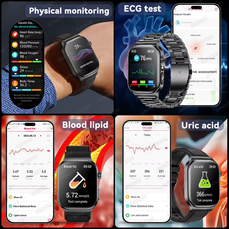 GUHUAVMI Smartwatch mit EKG, PPG, Blutdruck- und Harnsäuremessung sowie Bluetooth-Anruffunktion in Schwarz oder Blau - Bild 4