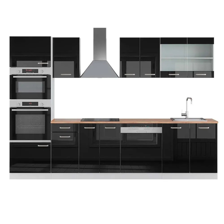 Vicco R-Line Küchenzeile in Schwarz Hochglanz und Weiß mit Hochschrank in Eiche, Breite: 300 cm, Höhe: 207 cm, Tiefe: 60 cm - Bild 1