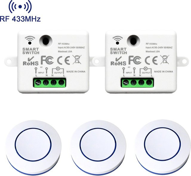 Szaoju RF 433MHz Drahtloser Mini-Rundtasten-Wandschalter mit 10A Relais-Empfänger für LED-Lampen, Farbe: Weiß - Bild 1