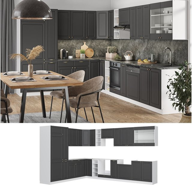 Vicco Eckküche Fame-Line Landhausstil in Weiß Anthrazit Gold B/T/H: 347 x 352,51 x 257 cm - Bild 1