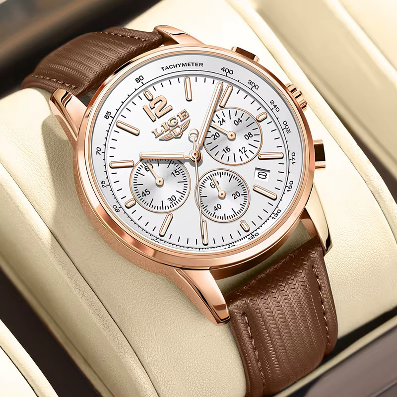 LIGE Chronograph, Quarz, Leder, Roségold, Weiß, Herren - Bild 6