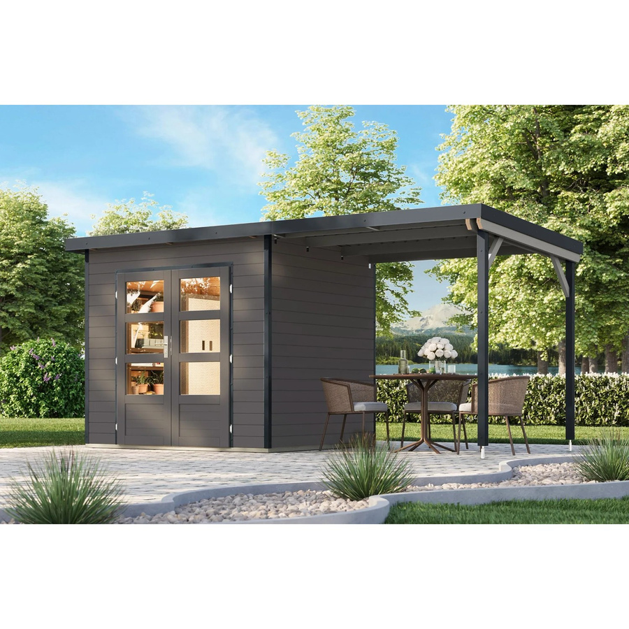 Karibu Gartenhaus Domingo 2 B mit Anbaudach in Grau-Anthrazit - Bild 2