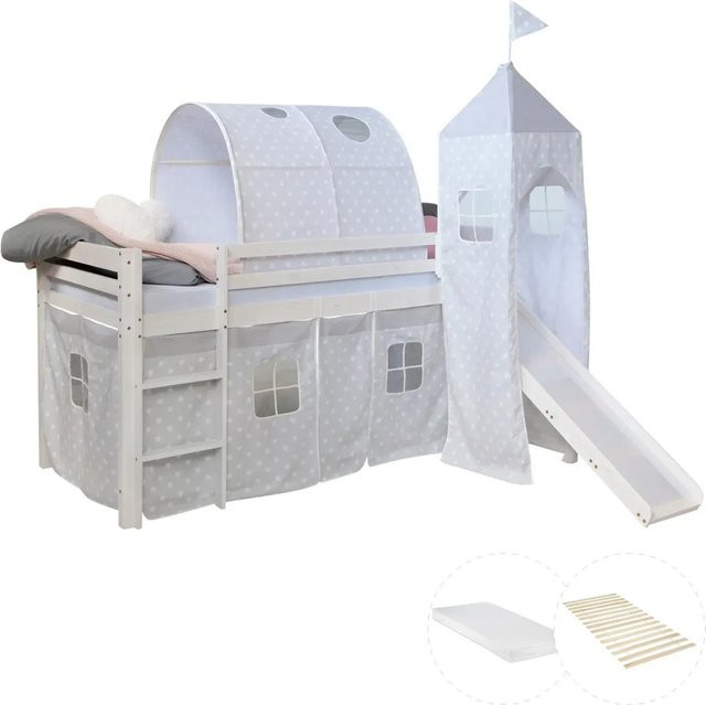 Homestyle4u Kinderhochbett aus Kiefernholz mit Lattenrost und Matratze, Weiß, B/T/H: 90 x 200 x 228 cm - Bild 1
