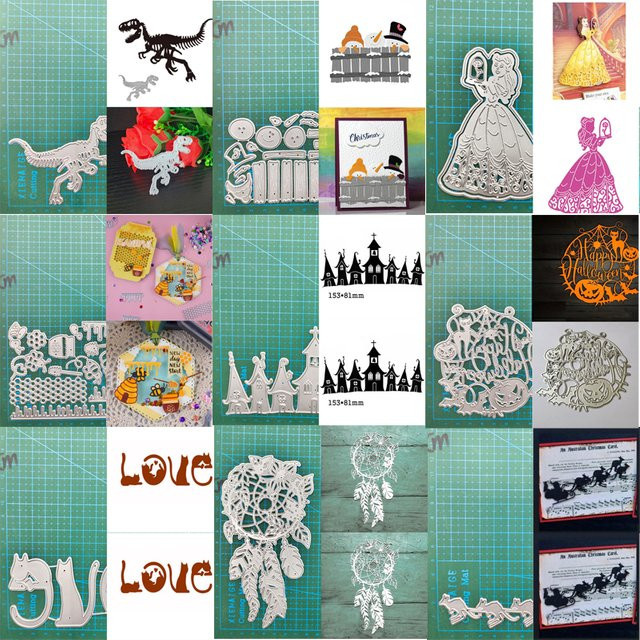 Metall Stanzformen Schablonen Set für Scrapbooking und Handwerk in Silber mit Motiven wie Prinzessin, Katze, Dinosaurier und Halloween-Elementen - Bild 1
