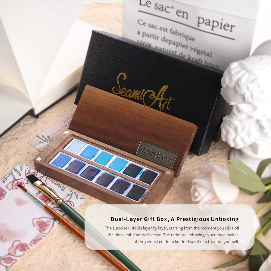 SeamiArt Professionelles Aquarellfarben-Set mit 12 Gletscherblau-Tönen und Walnuss-Holzpalette - Bild 3