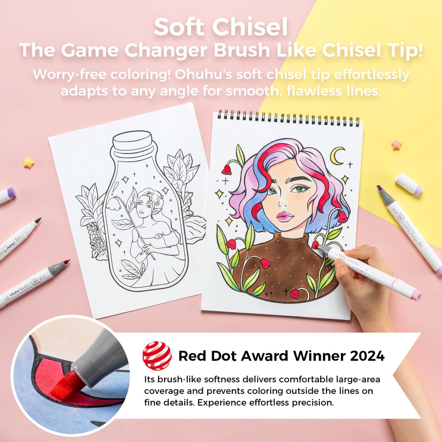 Ohuhu Honolulu S 60 Alkohol-Kunstmarker Set mit Brush-Spitze für Illustrationen und Zeichnungen, Mehrfarbig mit rotem Punkt-Design - Bild 2