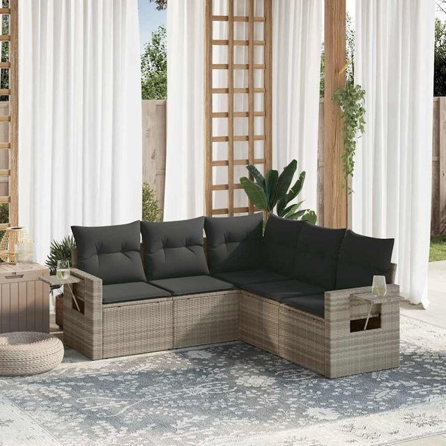 vidaXL 5-tlg. Garten-Sofagarnitur in L-Form aus Polyrattan mit Kissen, Hellgrau - Bild 3