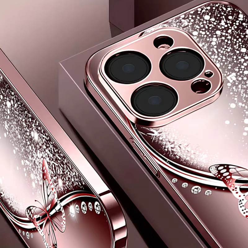 Rosa Glitzernde Schmetterlings Schutzhülle aus gehärtetem Glas für Apple iPhone 11 12 13 14 15 16 17 Pro Max Plus und 16E 17Air - Bild 3