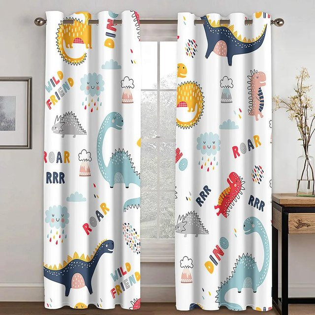 2er-Set Yiran Furniture Vorhänge mit Dinosaurier-Motiv aus Polyester, halbtransparent, Mehrfarbig, B: 85 cm, H: 200 cm - Bild 1