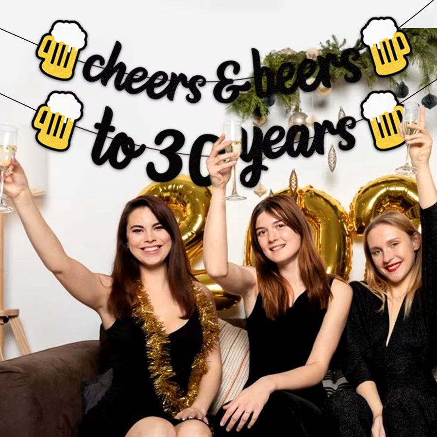 AFYPRTY Cheers to 30 Years Banner Schwarz-Gold Glitzer Girlande für die 30. Geburtstagsfeier - Bild 5