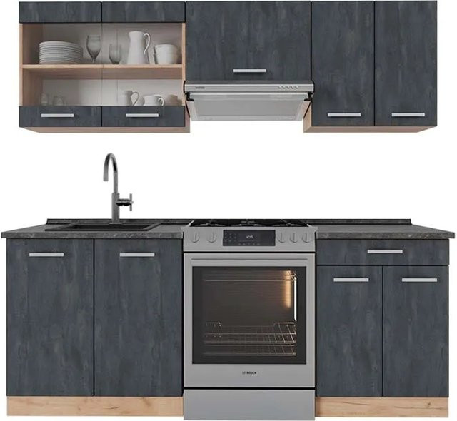 Vicco Küchenzeile R-Line in Schwarz Beton und Eiche mit Arbeitsplatte in Anthrazit, Breite: 200 cm - Bild 2