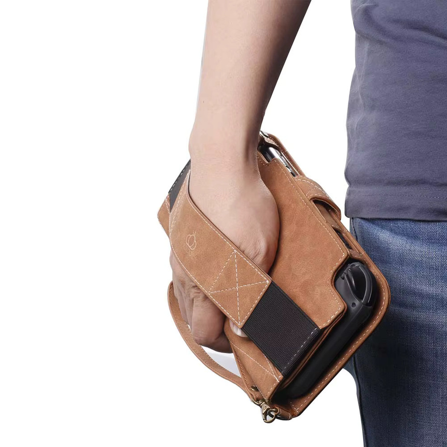 JONSNOW Multikartenfach PU-Leder-Hülle für Nintendo Switch OLED in Braun mit Standfunktion und Handschlaufe - Bild 4
