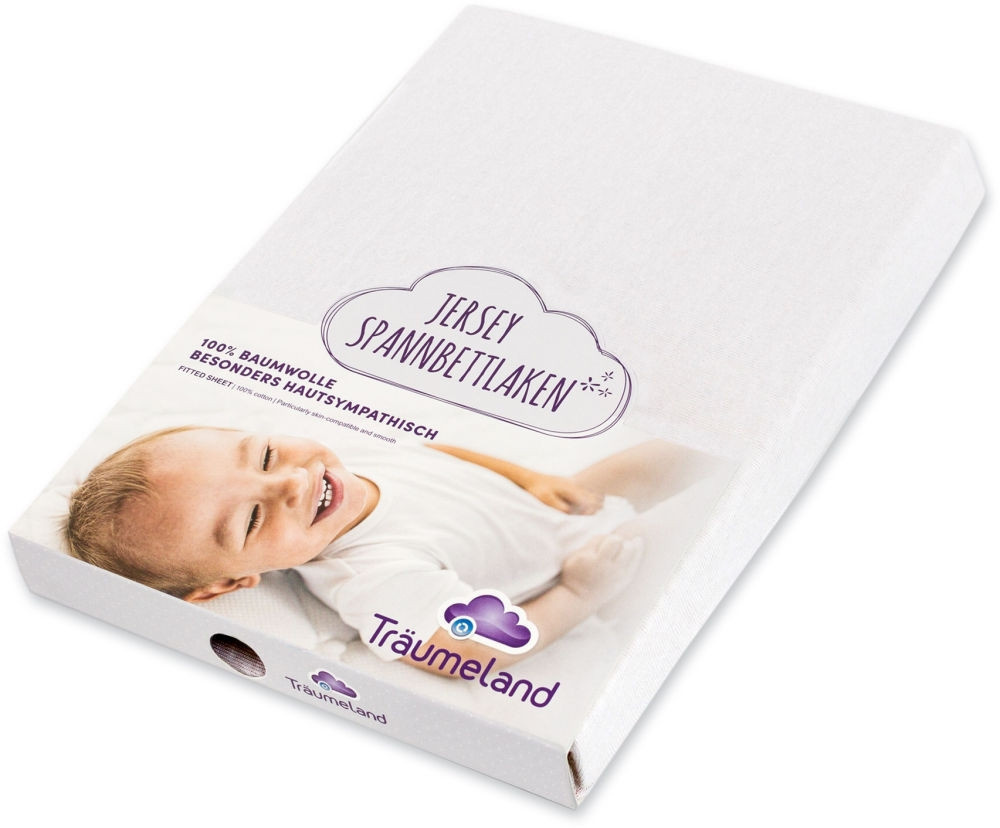 Träumeland Spannbettuch Jersey in Weiß für Babys, extra hoch bis 15 cm, Set bestehend aus 60 x 120 cm und 70 x 140 cm - Bild 1