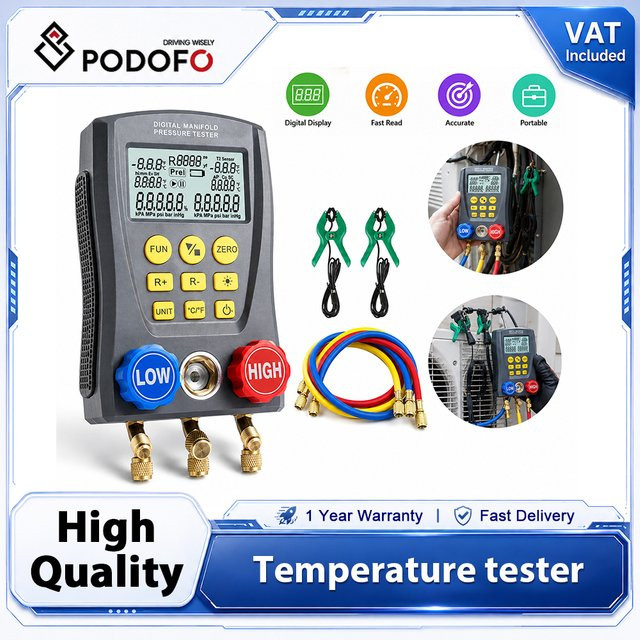 Podofo Digitales Manometer-Set für HVAC-Kältemittel mit Druckprüfer, Vakuum- und Temperaturmessgerät sowie integrierter Kältemitteldatenbank für Klimaanlagen - Bild 1