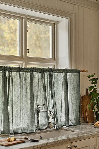 Jotex LINN Caféhausvorhang aus Leinen-Mix in Grün, halbtransparent, B/H: 75 x 250 cm - Bild 1