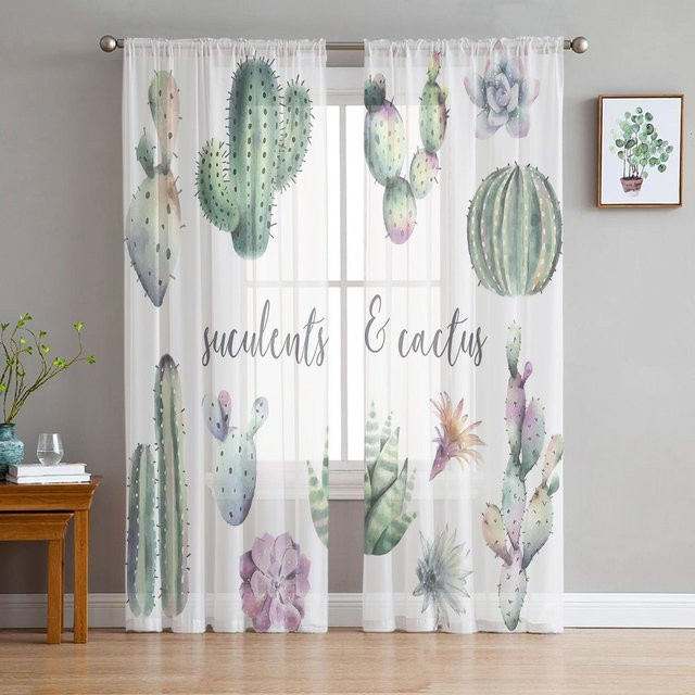 Transparenter Tüllvorhang mit Sukkulenten- und Kaktus-Motiv von A Family Of Home Textiles in Weiß, Breite: 135 cm, Höhe: 114 cm - Bild 1