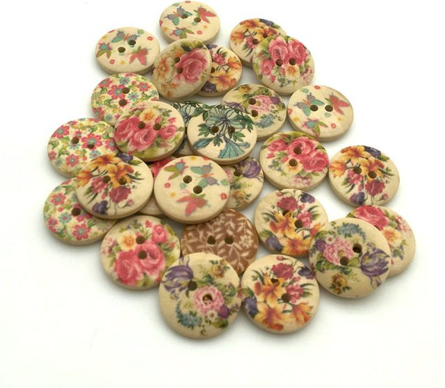 50 Stück Runde Holzknöpfe mit Blumenmuster und 2 Löchern, Durchmesser: 18 mm, Mehrfarbig - Bild 1