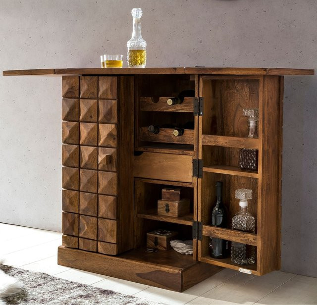 KADIMA DESIGN Hausbar aus Massivholz mit Klappfunktion und Stauraum für Flaschen und Gläser, Braun, B/T/H: 64 x 50 x 91 cm - Bild 1