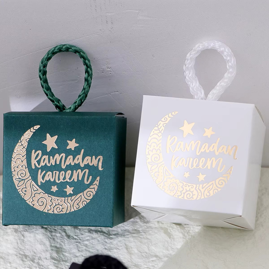 20-teiliges Luxus-Mini-Geschenkbox-Set für Eid in Schwarz, Grün und Weiß mit goldenem Mond- und Sternen-Design und geflochtenen Griffen - Bild 3