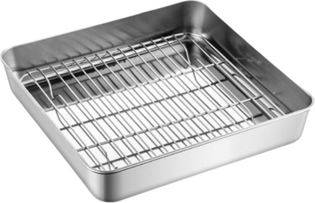 Xuhuyun789 Edelstahl Bratenpfanne Set mit Abtropfschale und Kochrost in Silber, quadratisch - Bild 1