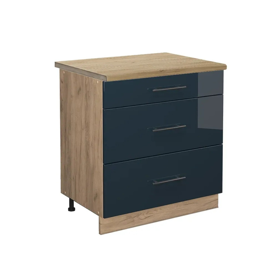 Vicco Küchenunterschrank Fame-Line Dunkelblau Hochglanz mit Eiche Arbeitsplatte und 3 Schubladen Breite: 80 cm - Bild 3