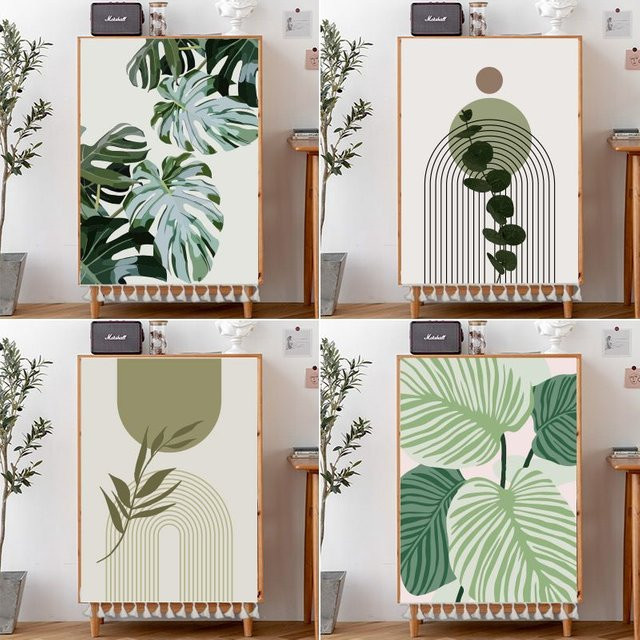 VIKAMA Boho Schrankvorhang mit Monstera-Print in Grün, selbstklebend ohne Bohren - Bild 1