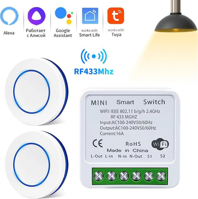 Tuya Smart WLAN Lichtschalter mit RF 433MHz Fernbedienung und Timer für LED-Beleuchtung, weiß, kompatibel mit Amazon Alexa und Google Assistant - Bild 1