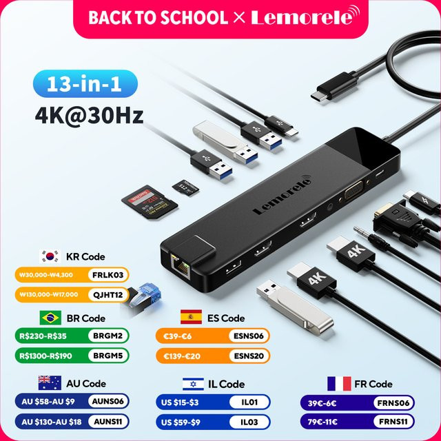 Lemorele TC100 13-Port USB-Hub 3.0 mit USB-C, HDMI 4K, RJ45 Gigabit Ethernet sowie SD und TF Kartenleser für Laptop und MacBook - Bild 1