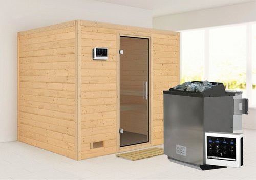 Karibu Paldiski Bio-Kombi-Sauna aus Fichtenholz für 4 Personen inklusive 9 kW Saunaofen mit externer Steuerung, beige - Bild 1