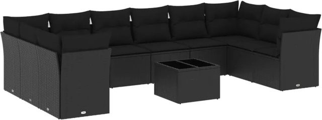 vidaXL 11-tlg. Garten-Sofagarnitur in U-Form aus Polyrattan mit Kissen und Tisch, Schwarz - Bild 1