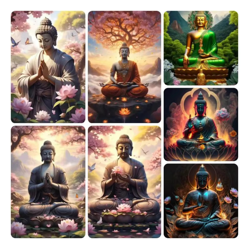 Blumenberge Buddha Diamantmalerei Zen Religiöse Figuren Kunstwerk in Multicolour, B/H: 30 x 20 cm - Bild 2