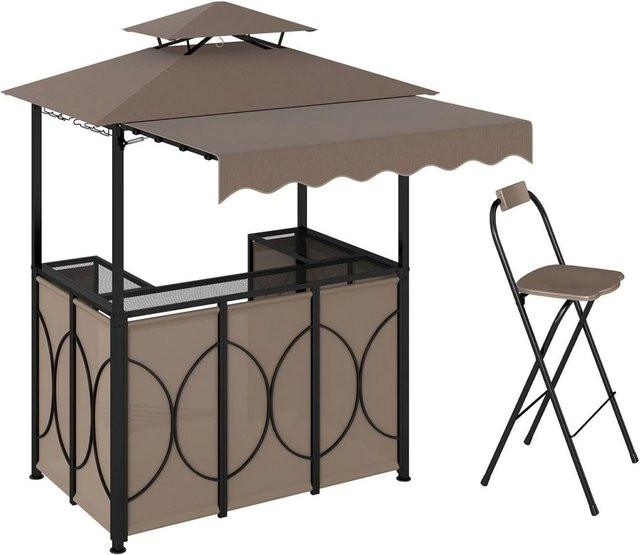 Costway Grillpavillon mit Bar, 2 Barhockern und Markise in Braun mit Doppeldach - Bild 1