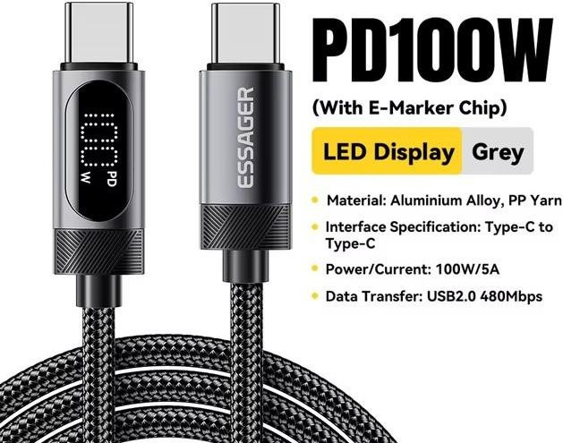 Essager PD 100W USB C zu USB C Schnellladekabel mit Digitalanzeige, Typ C auf Typ C, grau, Länge: 2 m - Bild 1