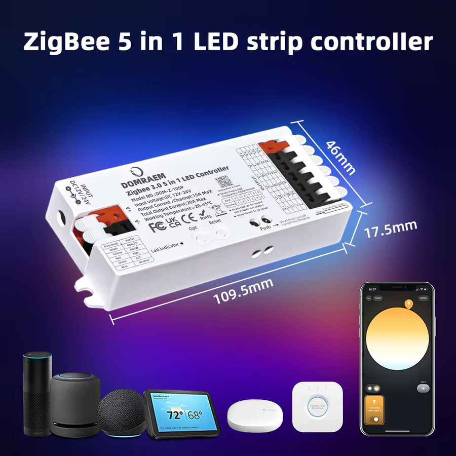 DOMRAEM Zigbee 3.0 Smart 5-in-1 LED-Controller Dimmer für RGB, RGBW, RGBWCCT Streifen, kompatibel mit Philips Hue und Amazon Alexa - Bild 2