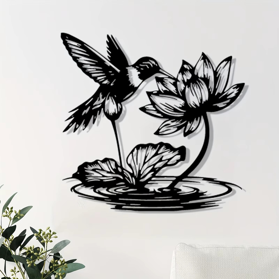 CIFBUY Metall-Wandkunst Kolibri & Lotus Gartenskulptur in Schwarz als Außenzaun-Dekoration - Bild 5