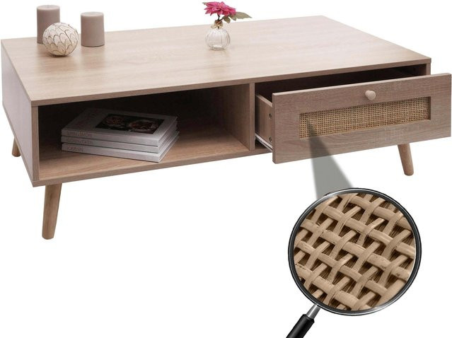 MCW Couchtisch M39 mit Schublade aus Kubu Rattan und Holz in Eiche-Optik, B/T/H: 110 x 37 x 59 cm - Bild 1