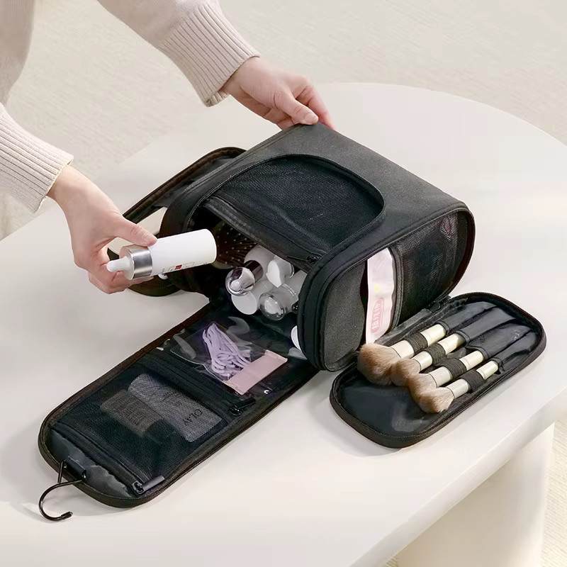 LIJIAO Reise-Toilettentasche aus wasserdichtem Oxford-Stoff mit Haken und Doppelöffnung, Make-up-Aufbewahrungstasche mit Griffen, Beige und Schwarz, Breite: 24,0 cm, Tiefe: 24,0 cm - Bild 3