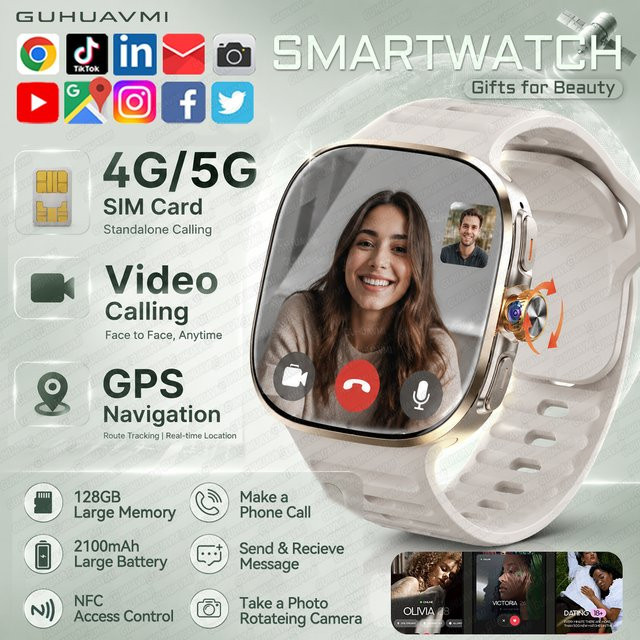 GUHUAVMI 4G-SIM-Karten-Smartwatch mit Drehkamera, WLAN, GPS-Navigation und NFC in Schwarz - Bild 1