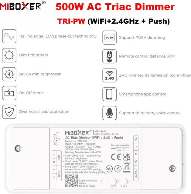 Miboxer TRI-PW Smart Dimmer mit WiFi und Tuya Unterstützung, 500W, Weiß - Bild 1